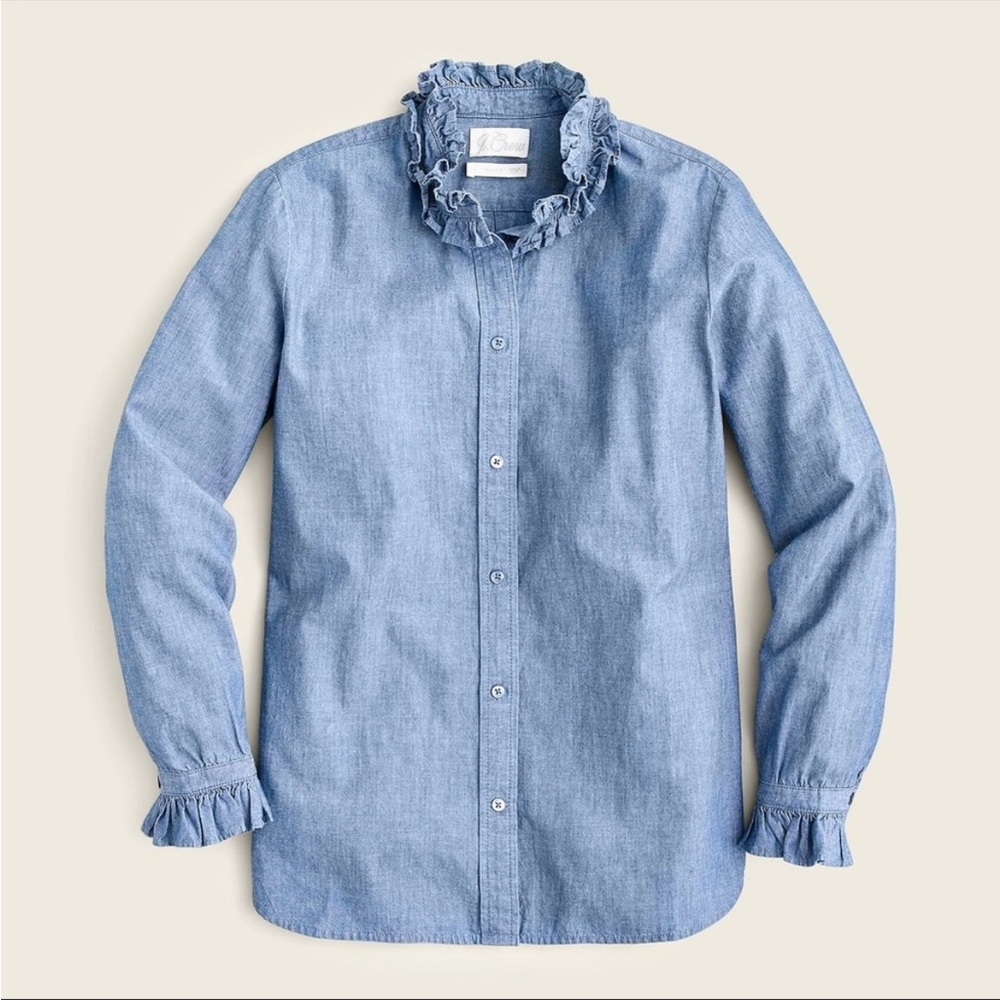 Classic fit ruffle neck chambray shirt